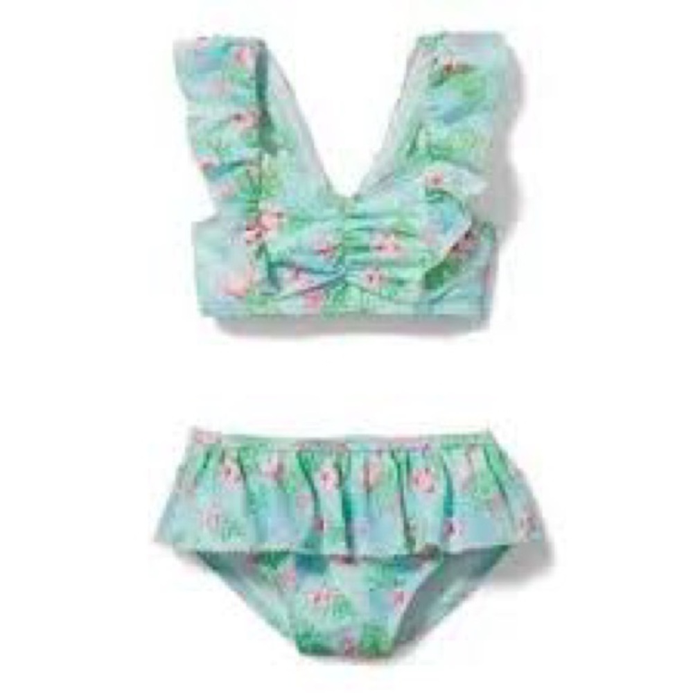 Janie and Jack Green Floral Ruffle Bikini